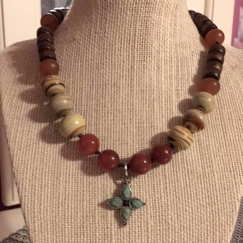 NWOT Lucky Brand Necklace Rust and Tan assorted beads Turquoise charm